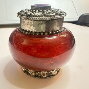 Two's Company Red Glass Jar with Ornate Sterling Silver Lid